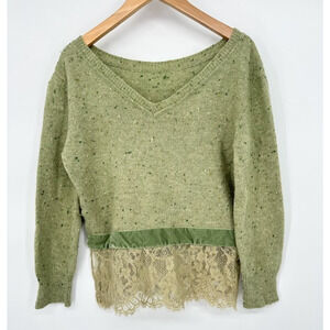 Valentino Roma Green Womens XS Sweater Pullover Lace Italy Romantic Velvet Trim